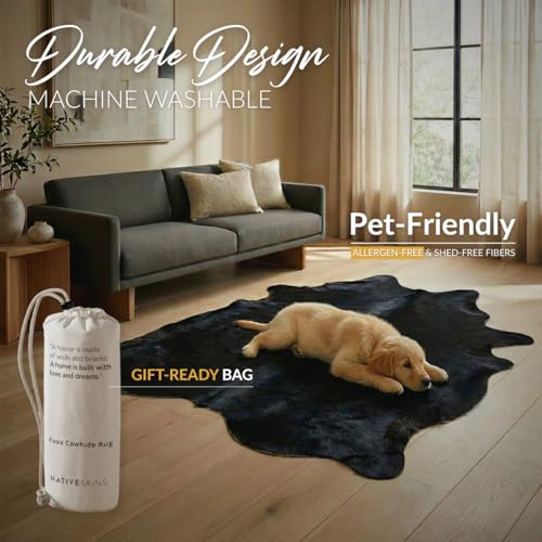 Faux Cowhide Rug 4'3"x5'7" - Black Cow Print Rug, Washable, Non-Shedding - color: Black, size: 4'4" x 5'8" (Medium)