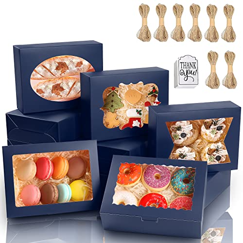 KPOSIYA 65 PCS 8x6x2.5 Inch Cookie Boxes with Window Blue Bakery Boxes Pastry Boxes for Gift Giving, Treat, Dessert, Cupcakes, Chocolate, Strawberries, Donuts, Muffins (5 Style Windows) - color: Blue(pack of 65)