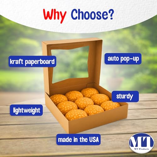 MT Products Kraft Cookie Boxes 8" x 8" x 2.5" - Auto Pop-Up Bakery Boxes with Window (Pack of 25) - Made in the USA - color: Brown