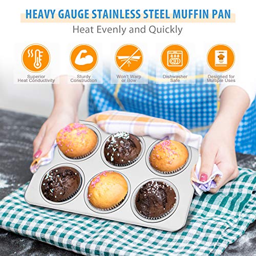 E-far Stainless Steel Muffin Pan Set of 2, 6-Cup Cupcake Tin for Baking