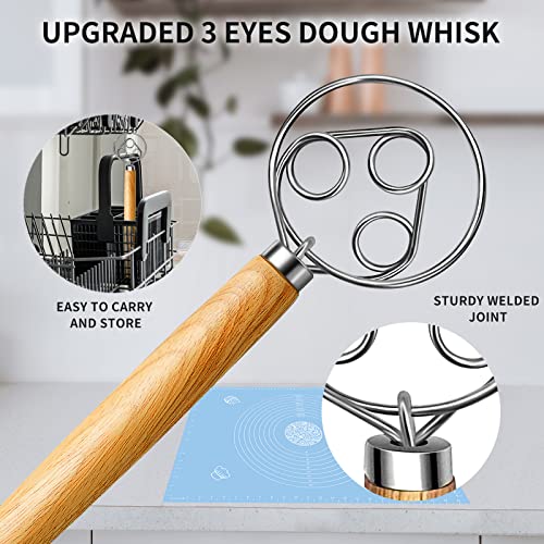 TEEVEA Danish Dough Whisk Wooden Handle Stainless Steel for Sourdough Bread - color: 3 Eyes Dough Whisk