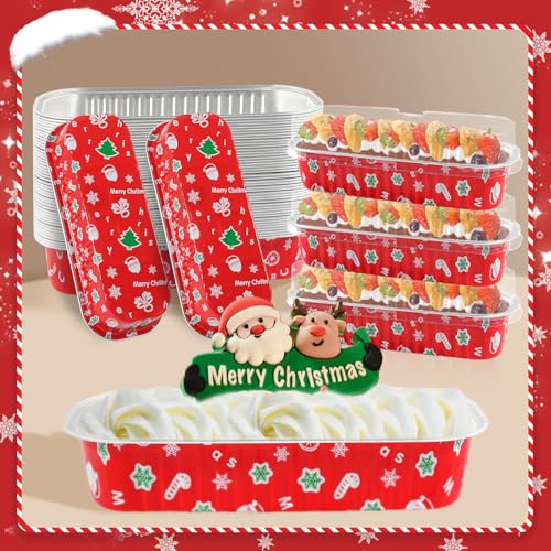 50Pack Christmas Mini Cake Pans Disposable Mini Loaf Pans with Lids and Spoons, 6.8Oz Aluminum Foil Pans Tins, Individual Dessert Cups Containers for Sales,Party,Picnics - color: 50-Christmas-Red