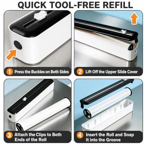 Plastic Wrap Dispenser with Slide Cutter, Cling Film Dispenser with Safe Hidden Blade, Easy Refill Food Wrap Holder Fits 12 Inch Standard Rolls, Countertop Kitchen Wrap Organizer
