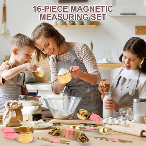 16-Piece Magnetic Measuring Cups & Spoons Set, Stainless Steel, Pink & Gold - color: 16-Piece Pink & Gold