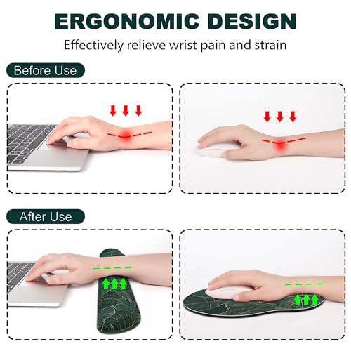 Ergonomic Mouse Pad with Wrist Rest and Keyboard Wrist Rest, Mousepad - color: Green Palm Leaf