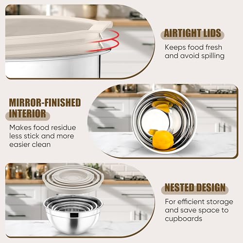P&P CHEF Metal Mixing Bowls with Lids Set, Airtight Lids & Khaki - color: Khaki, style: Airtight Lids