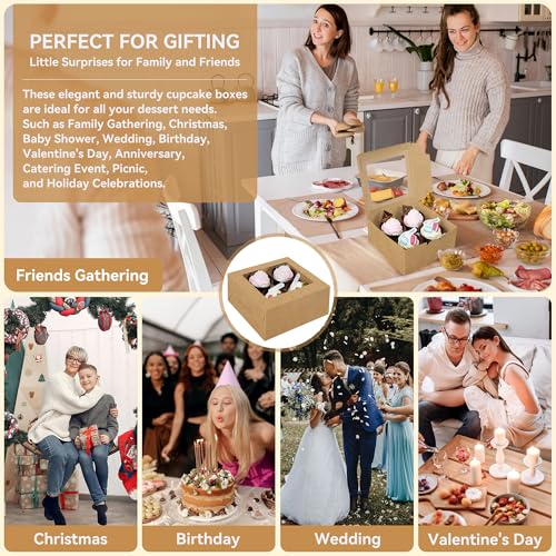 30-Set Cupcake Boxes Bulk with Clear Display Window Hold 4 Standard Cupcakes, Disposable Food Grade Brown Cupcake Carrier Cupcake Container, Perfect for Cupcakes Muffins Cookies Pastries