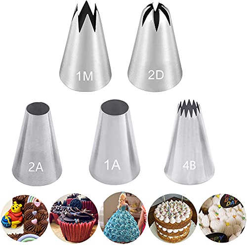 Large Piping Tips Set for Cake Cupcake Decorating,Stainless Steel Icing Piping Nozzles,5 Decorating Tips Pastry Tips Frosting Tips for Cream Rose Flower Meringue Cookie Decoration,#1A 1M 2A 2D 4B - color: Type 5