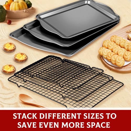 Hunnycook Baking Sheet with Rack Set - 3 Baking Sheets + 3 Cooling Racks, Carbon Steel Cookie Sheets & Cooling Racks in Multiple Sizes, Thickened & Warp-Resistant, Dishwasher Safe