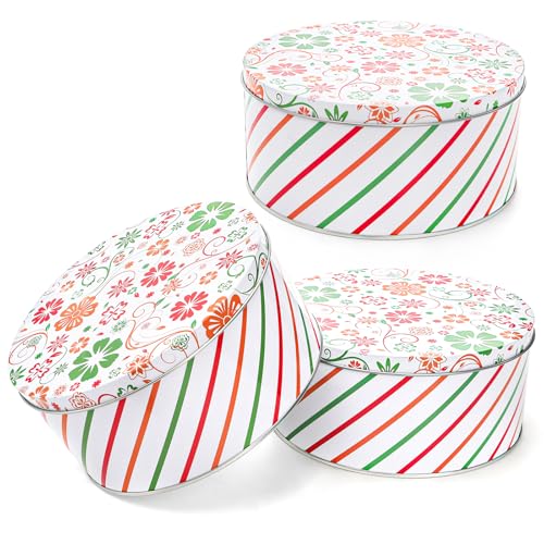 Yopay 3 Pack Round Decorative Cookie Tins, Food Safe Metal Gift Tins