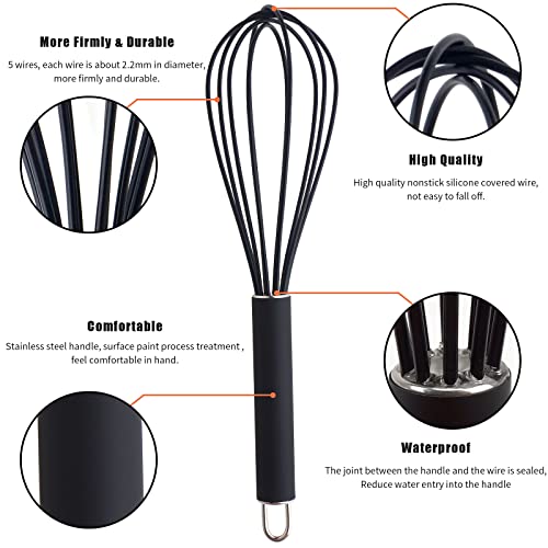 GorGin high temperature and easy to clean silicone whisk, stirrer, 10 inch, grip good grip design for Blending Whisking Beating Stirring Cooking Baking (1 Pack | black) - color: 1 Pack (black)