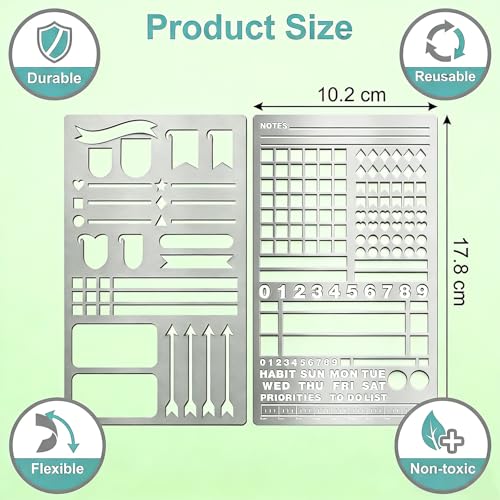2 Pack Metal Journal Stencils - Stainless Steel Reusable, Planner Stencils for Planner & Bullet Journal, Lists, Creative Journaling, DIY Scrapbooking, Habit Tracker