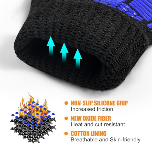 BBQ Gloves, 1472°F Heat Resistant with Silicone Grip Oven Mitts - color: Blue, size: Long (Glove L 13.78" × Palm W 6.33")