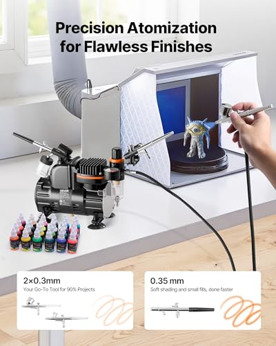 VEVOR Airbrush Kit, 1/6 HP, Air Brush Kit with Air Compressor, 3 Dual-Action Professional Airbrushes with 3 Tips, Hose, Acrylic Paint, Brush, Low Noise, for Cake Decorating, Model Painting, Nail Art - style: Airbrush Kit +24 Paints