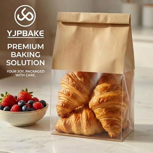 50 Pack Kraft Bakery Bags with Clear Window and Tin Tie - Greaseproof Cookie Bags and Treat Bags for Homemade Bread, Sourdough & Cookie Packaging