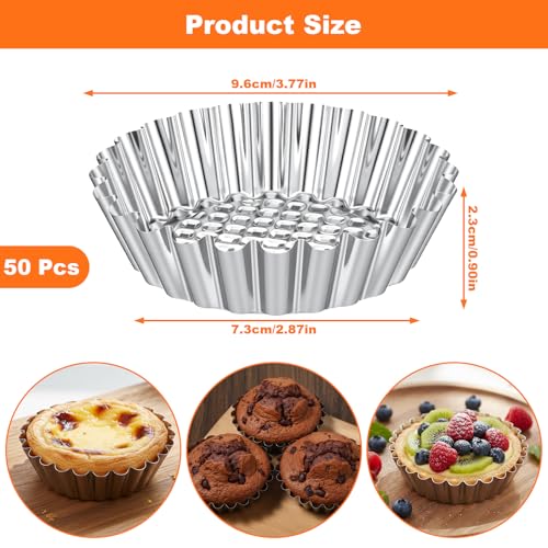 50 Pcs Egg Tart Mold for Baking, 3.8 Inch Stainless Steel Mini Tart Tin Pans Reusable Ensaymada Molder Filipino, Brioche Tins Mould for Tart Shells, Cupcakes, Mini Cake, Pudding, Muffin