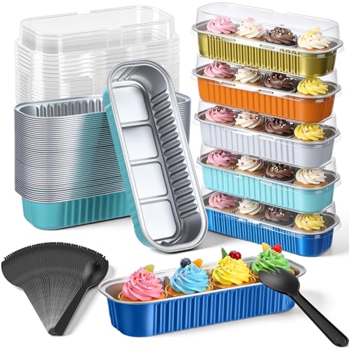 Blushtier 150 Pcs Mini Loaf Pan with Lid & Spoon, Blue and Orange - color: Blue and Orange