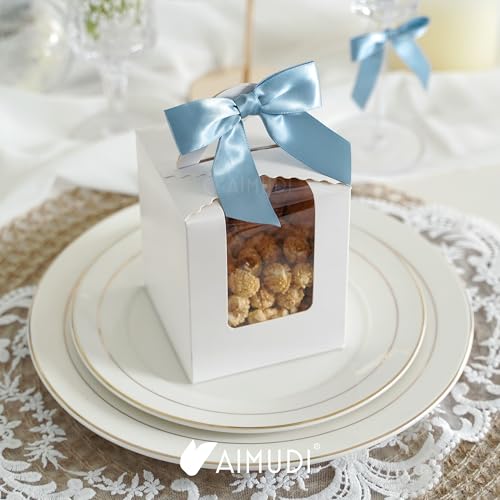 AIMUDI Dusty Blue Satin Ribbon Bows 3.5" Pre-Tied Twist Tie Bows for Treat Bags Gift Wrapping Cake Pop Goodie Bags Party Wedding Baby Shower Favor - 50 PCs - color: Blue Dusty