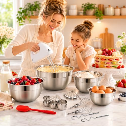 WEPSEN 5-Speed Electric Hand Mixer, 4 Large Mixing Bowls Set, Handheld Mixers with Whisks Beater, Stainless Steel Metal Nesting Bowl Measuring Cups Spoons Kitchen Cake Blender for Baking Supplies - color: Red