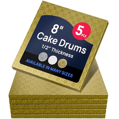 O'CREME Gold Square Cake Pastry Drum Board 1/2 Inch Thick, 8" x 8" - Pack of 5 - color: Gold, size: 8" x 8"