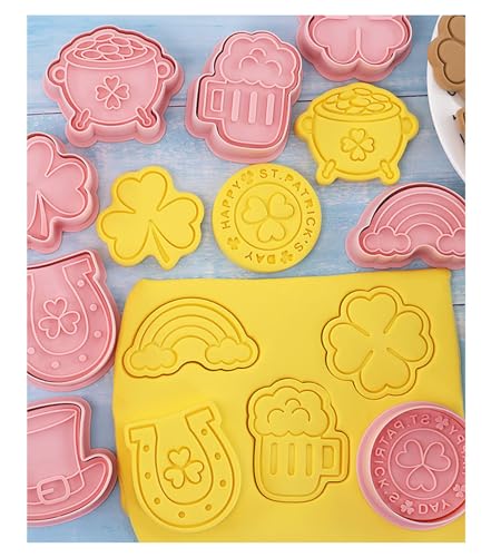 St. Patrick's Day Cookie Cutters, 8Pcs 3D Plastic Cookie Molds Cartoon Shamrock Four Leaf Clover Horseshoe Biscuit Cutters for Irish Holiday Party Baking Cutting Tool (D8) - color: D8