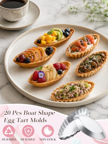 20Pc Boat Egg Tart Molds for Baking, 3.5x0.5in Smooth Alu Tart Pans - size: Smooth Boat M