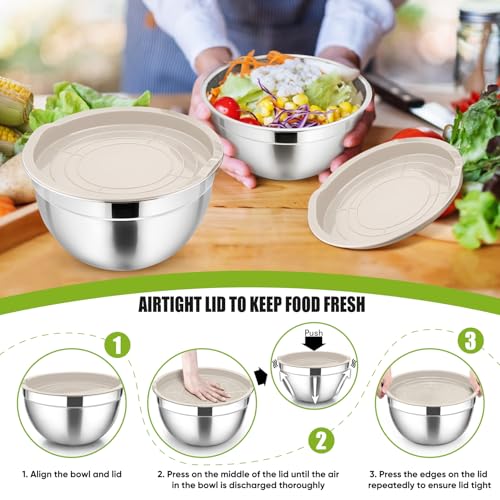 P&P CHEF Stainless Steel Mixing Bowls with Airtight Lids, Khaki - color: Khaki, style: Airtight Lids