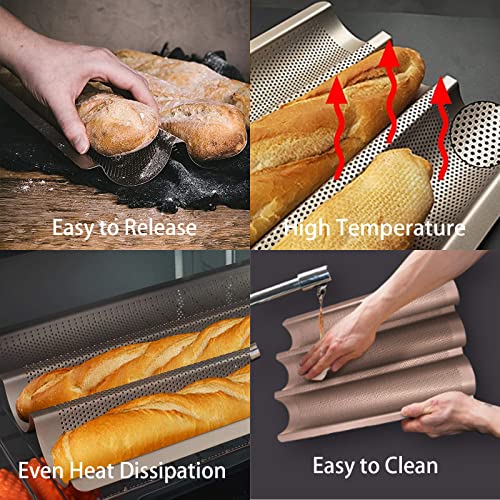 Baguette Pans for Baking 15" x 11", Carbon Steel 3 Loaf Nonstick Baguette Baking Tray for French & Italian Perforated French Bread Pan - color: Gold