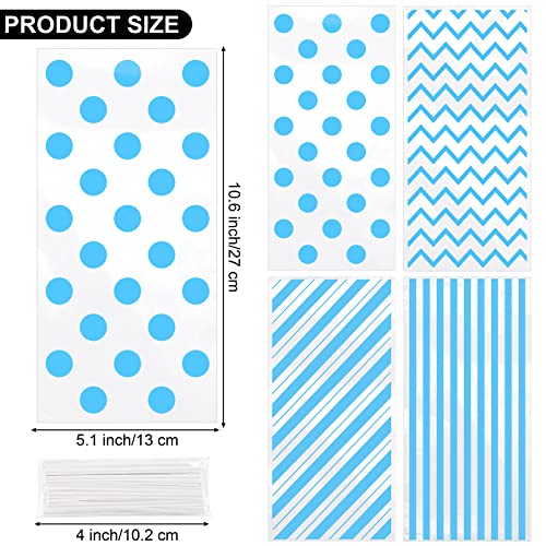 Aodaer 100 Pieces 10.6 x 5.1 In Blue Cellophane Bags Plastic Candy Bags Cellophane Treat Bag Polka Dot Stripes Printed Pattern Goodie Gift Bag with Twist Ties for Birthday, Baby Showers, Weddings Party Supplies - color: Blue