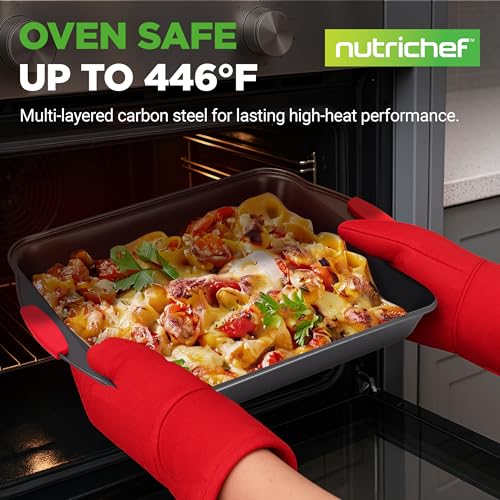 NutriChef Nonstick Baking Pans Set 6 Piece | Carbon Steel Baking Pans for Oven with Silicone Handles Stackable Bakeware | Includes Cookie Sheet, Muffin, Loaf, Round and Square Pan | 446°F Max, Gray - size: Set of 6