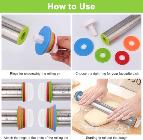 Rolling Pin and Pastry Baking Mat Set, 17-inch Rolling Pins with Adjustable Thickness Rings, Stainless Steel Dough Roller for Baking Fondant, Pizza, Pie, Pastry, Pasta, Cookies (Red) - color: Red