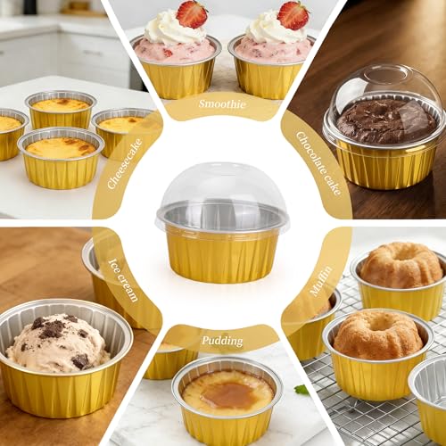100-Pack 5 oz Gold Mini Cake Pans with Lids, Disposable Aluminum Foil Baking Cups, Muffin Tins, Ramekins for Cupcakes, Brownies, Flan, Pudding - for Wedding, Anniversary, Birthday Parties - color: Gold