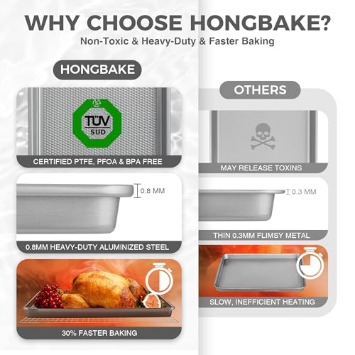HONGBAKE Naturally Non Toxic Baking Sheet Pan Set of 3, Heavy Duty Aluminized Steel Cookie Sheets, Half/Quarter/Jelly Roll Pans with Textured Nonstick Surface, Free of PTFE & PFOA - color: Silver (Aluminized Steel)