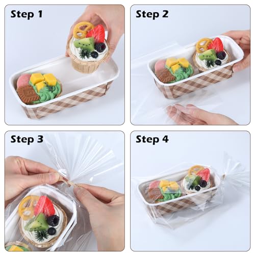 50 Sets Paper Loaf Pans for Baking 6.3 x 2.2 x 2.2 Inch Disposable Paper Baking Pans with Clear Plastic Bags and Kraft Ties Rectangle Cake Mold for Bread Sweets Tea Party (Brown Plaid) - style: Brown Plaid