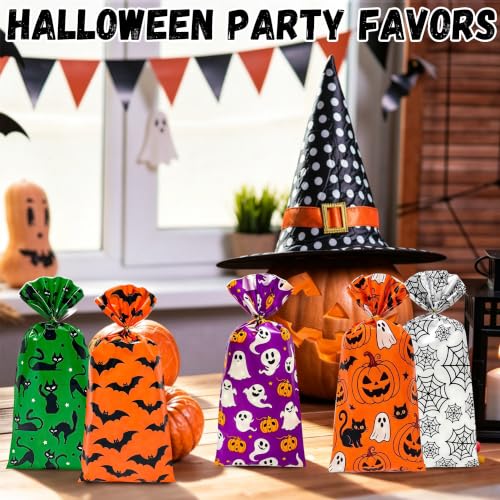 100 Pcs Halloween Treat Bags with 110 Gold Twist Ties - 5x11 Inches Halloween Cellophane Bags for Candies, Snacks, Party Favors & Gift Packaging, 2.8 Mil Thick Plastic Halloween Goodie Bags for Kids - color: Halloween 100pcs（5 Design）