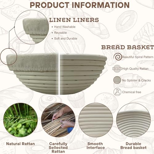 [Upgraded] Banneton Bread Proofing Basket 2 pack 9" Round With Liner, Natural Rattan Bread Basket Perfect for Professional & Home Sourdough Bread Baking, Artisan Sourdough Bread. (Set 2 pack 9" Round)