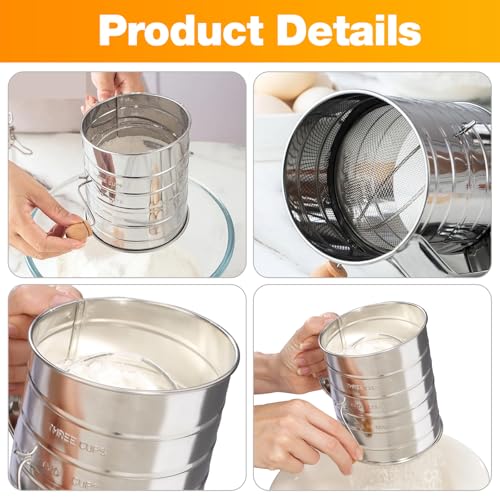 4 in1 Flour Sifter Stainless Steel, 3 Cup Flour Sifter for Baking, Sifter for Baking with Powdered Sugar Duster Set, Flour Shaker Duster for Baking Cakes, Pies, Pastries, Desserts and Cupcakes (3 Cup)
