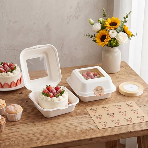 Bento Cake Box Clamshell Container Kit, 50 Set, White - color: White
