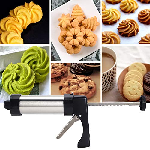 HEEPDD Cookie Press Kit, Stainless Steel Easy Press Biscuit and Decorating Maker for Home Baking Silver 230 x 140 mm with 8 Discs 8 Icing Tips