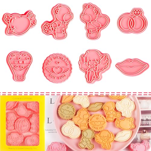 BESEK Valentine's Day Cookie Cutters: With Plunger Stamps Set, 8pcs 3D Embossing Cutters For Biscuit Fondant Cheese Baking Molds - color: Love