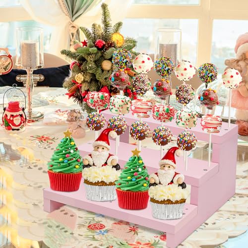 Wood Cake Pop Stands, 3 Tier Lollipop Holders with Twist Ties Lollipop Sticks, Sucker Display Riser for Dessert Table of Wedding Birthday Party (Pink-1P) - color: Pink-1P