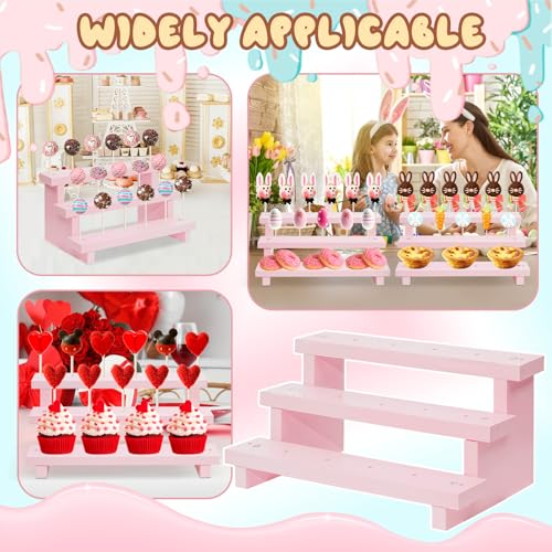 Wood Cake Pop Stands, 3 Tier Lollipop Holders with Twist Ties Lollipop Sticks, Sucker Display Riser for Dessert Table of Wedding Birthday Party (Pink-2P-17 Hole) - color: Pink-2P-17 Hole
