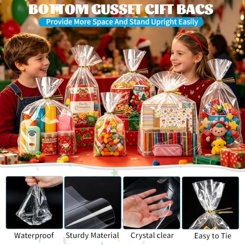 QOIUSO 8"x16" Cellophane Gift Bags - 50 Pack Clear Gift Bags with Flat Bottom Gusset for Wine Bottles, Treats, Candy, Bakery, Tall Gifts, Party Favors - 60 Gold Twist Ties - color: 8*16 Inch-50Pcs