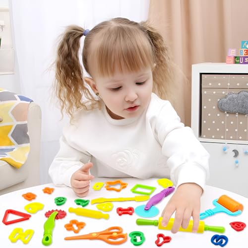 Dough Tools 55 PCS Dough Play Tools Set for Kids, Plastic Alphabet Numbers Shapes Cutters, Rollers, Scissors - style: 55 pcs