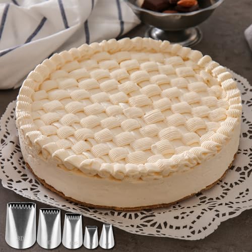 Kasmoire 5Pcs Basketweave Piping Tip Set,Stainless Steel Half Row Braided Flower Mouth Nozzles with 10Pcs Disposable Piping Bags,Braided Decorating Tube Nozzle Tips Set