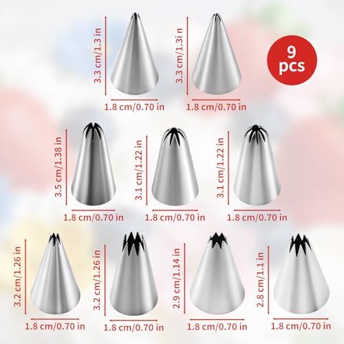 9-Piece Open Star Piping Tips Set - Small French Star Frosting Nozzles, Stainless Steel Icing Tips Star Pastry Tips, Frosting Nozzle Kit for Cupcakes Cakes Cookies Decorating