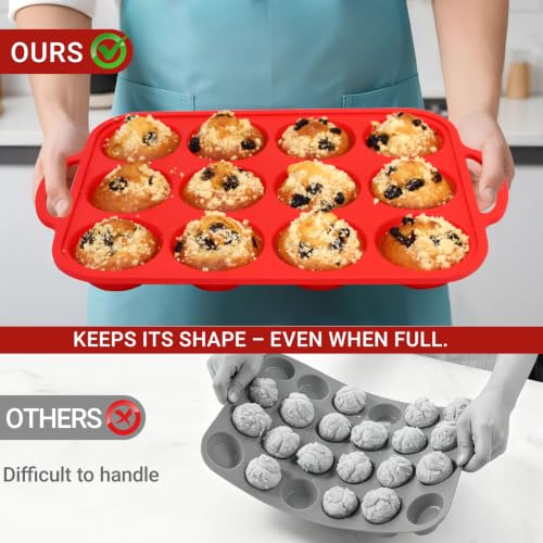 Redfly Silicone Muffin Pans for Baking 12-Cup Regular Size Cupcake Pan 2PCS - color: Red, size: Regular Size-2PACK