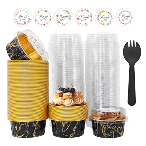 100PCS Aluminium Foil Baking Cups with Lid and Spoon(Black Gold Marble) - color: Black Gold Marble