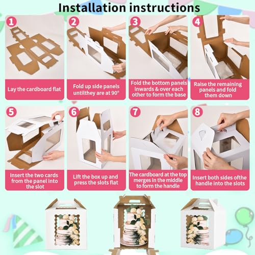 3 Pack 12x12x12 Inch Tall Cake Boxes with windows,10in 12in Large Tiered Cake Box, Disposable Tall Cake Carrier, Layer Tall Baking Carrier with Handle for Wedding, Birthday