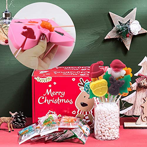 2Pcs Christmas Candy Molds Silicone Lollipop Molds Chocolate Lollypop Sucker Mold elk Santa Claus Christmas tree Reusable Food Grade Silicone Molds for Halloween Christmas Parties（Pink Green）